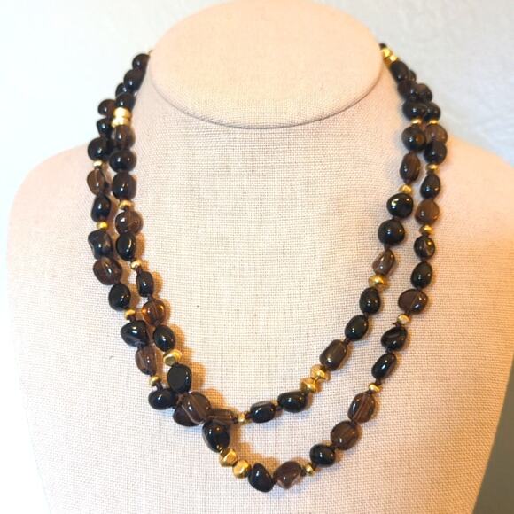 Coldwater Creek Smoky Quartz and Agate & Gold Tone Beaded Necklace - Picture 1 of 5